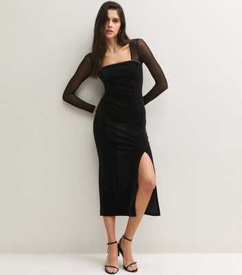 Black Velvet Embellished Trim Square Neck Midi Dress