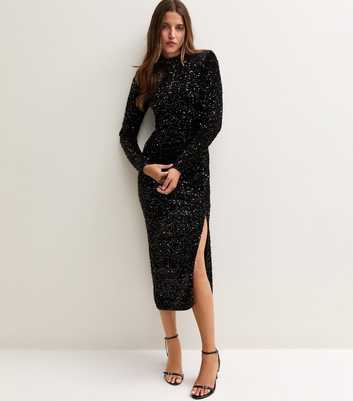 Black Sequin Embellished Long Sleeve Midi Dress