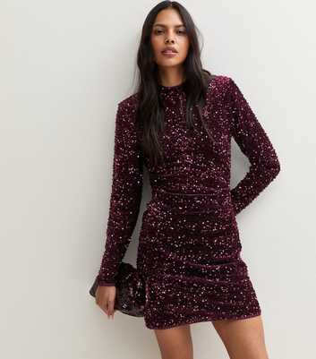 Dark Burgundy Sequin Embellished Shift Mini Dress