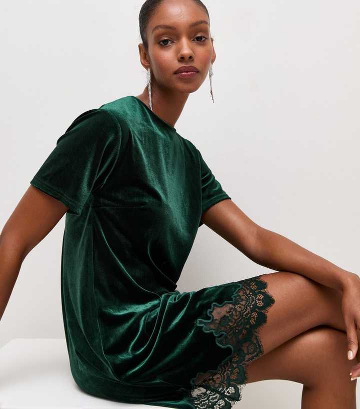 Dark Green Velvet Lace Trim T-Shirt Mini Dress