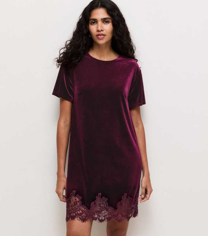 Dark Burgundy Velvet Lace Trim T-Shirt Mini Dress