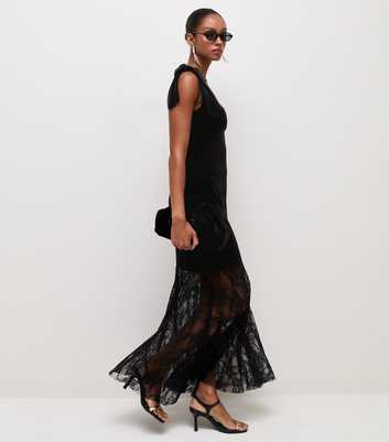 Black Velvet Floral Lace 2 In 1 Shoulder Bow Midi Dress