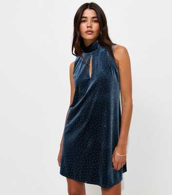 Indigo Velvet Embellished Keyhole Shift Mini Dress