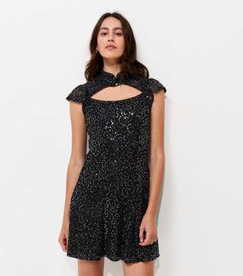 Black Sequin Embellished Keyhole Mini Dress