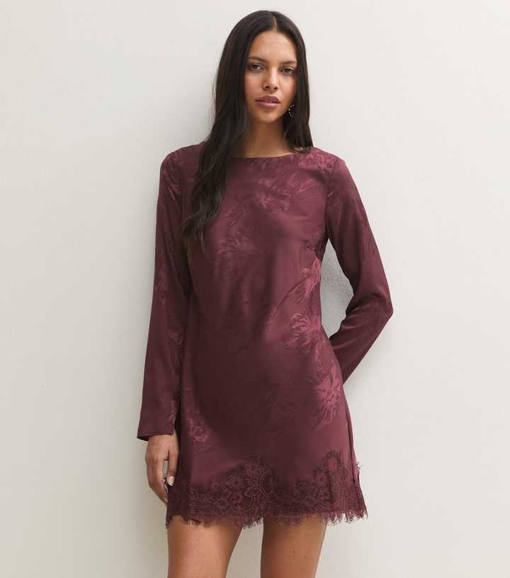 Dark Burgundy Satin Jacquard Lace Trim Long Sleeve Mini Dress