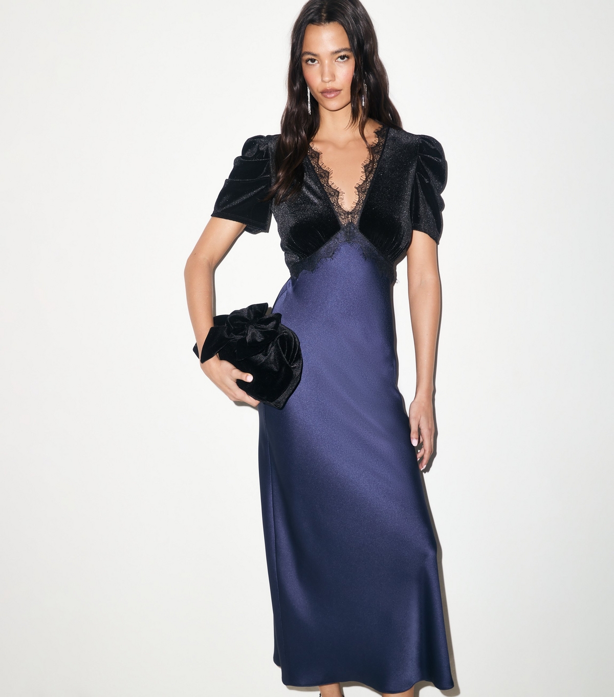 Women's Navy 2 In 1 Velvet Midi Dress New Look