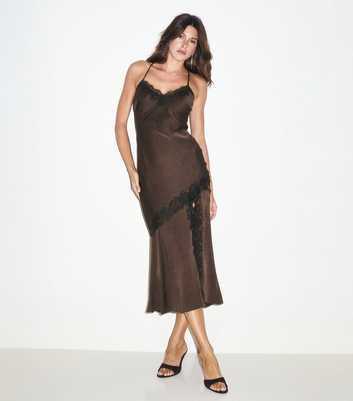 Dark Brown Lace Trim Satin Midi Dress