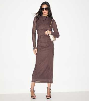 Dark Brown Embellished Mesh Long Sleeve Midi Dress
