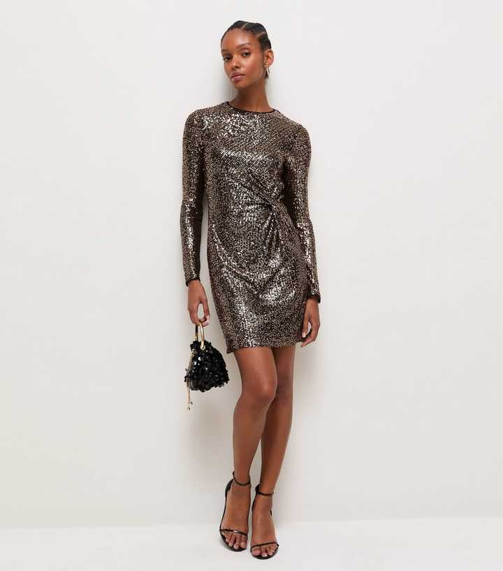 Gold Sequin Front Knot Long Sleeve Mini Dress