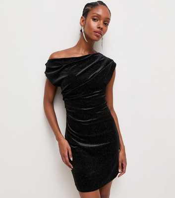 Black Velvet Glitter Fallen Shoulder Mini Dress