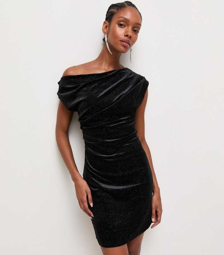 Black Velvet Glitter Fallen Shoulder Mini Dress