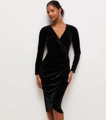 Black Velvet Jersey Long Sleeve Midi Dress