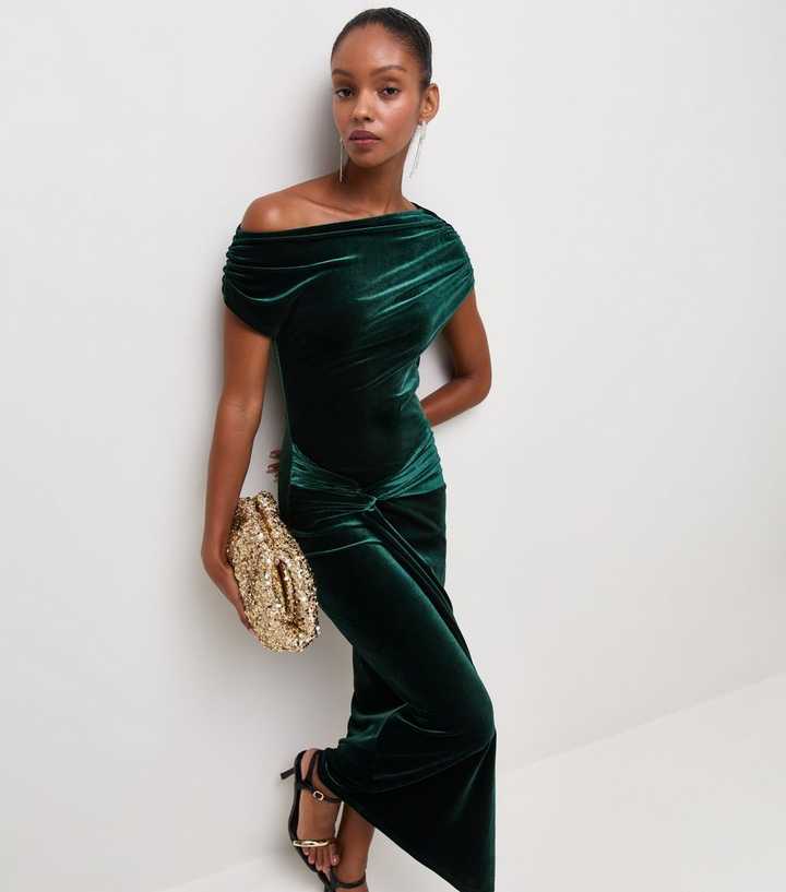 Dark Green Velvet Off Shoulder Dress