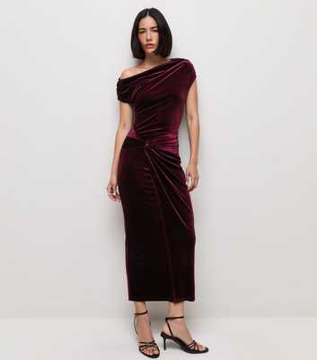 Dark Burgundy Velvet Off Shoulder Dress