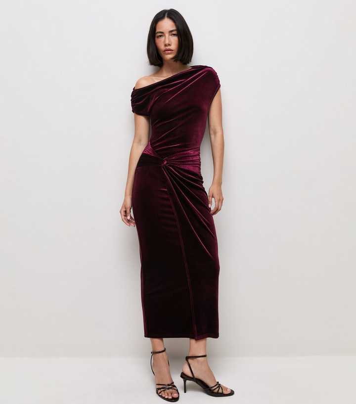 Dark Burgundy Velvet Off Shoulder Dress