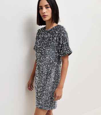 Silver Velvet Sequin Relaxed T-Shirt Mini Dress