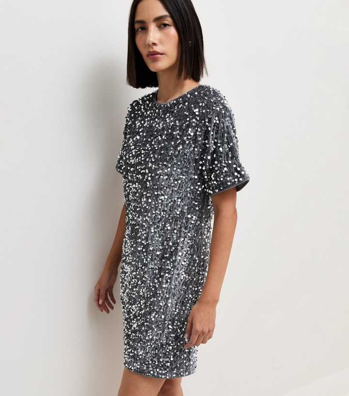 Silver Velvet Sequin Relaxed T-Shirt Mini Dress