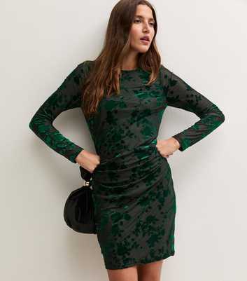 Dark Green Floral Flocked Velvet Long Sleeve Mini Dress