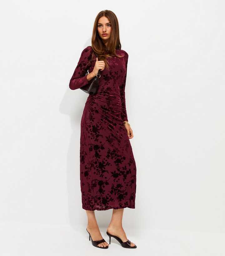 Dark Burgundy Flocked Velvet Long Sleeve Midi Dress