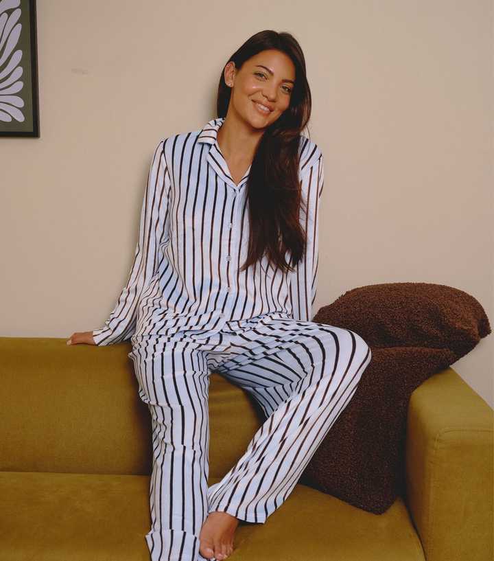 Loungeable Blue Pinstripe Velour Super Soft Pyjama Set