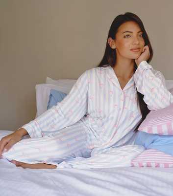 Loungeable Blue Striped Bow Shirt and Trousers Pyjama Set