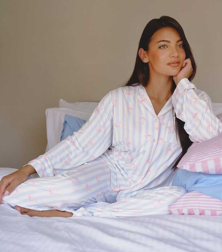 Loungeable Blue Striped Bow Shirt and Trousers Pyjama Set
