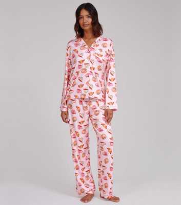 Loungeable Pink Breakfast Print Shirt and Trousers Pyjama Set