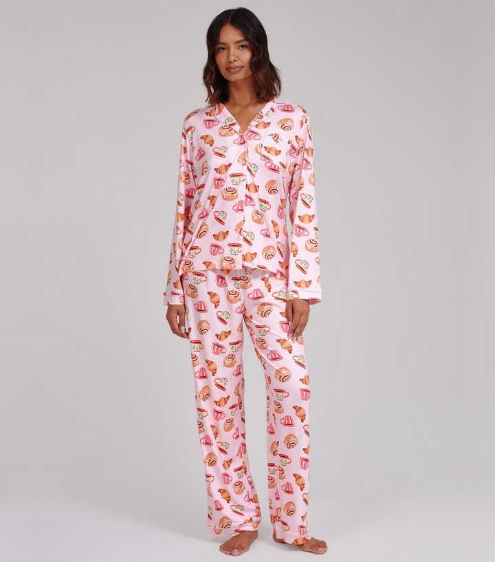 Loungeable Pink Breakfast Print Shirt and Trousers Pyjama Set