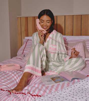 Loungeable Green Velour Striped Shirt and Trousers Pyjama Set