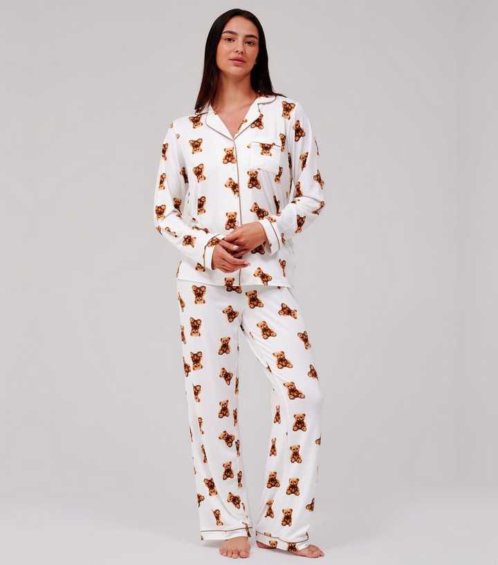 Loungeable Cream Teddy Bear Shirt and Trousers Pyjama Set