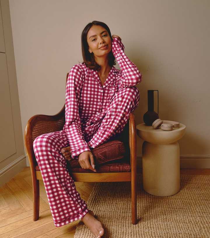 Loungeable Burgundy Gingham Shirt and Trousers Pyjama Set