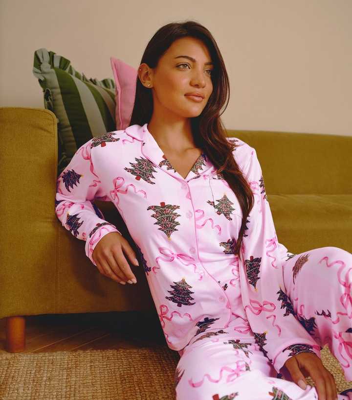 Loungeable Pink Christmas Bow Stripe Super Soft Pyjama Set