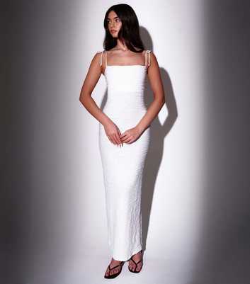 South Beach White Textured Beaded Strap Maxi Dress