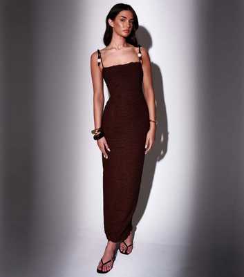 South Beach Dark Brown Textured Beaded Strap Maxi Dress
