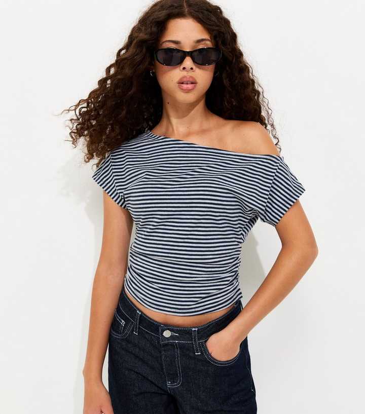 Girls Grey Cotton Rich Striped Cinched Waist Slash Neck Top