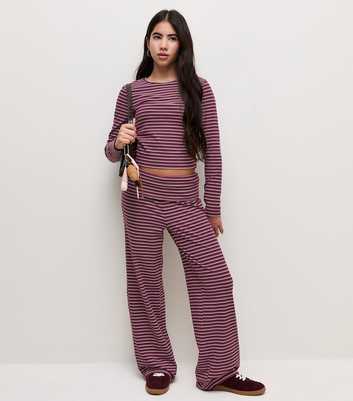 Girls Red Soft Touch Stripe Wide Leg Trousers