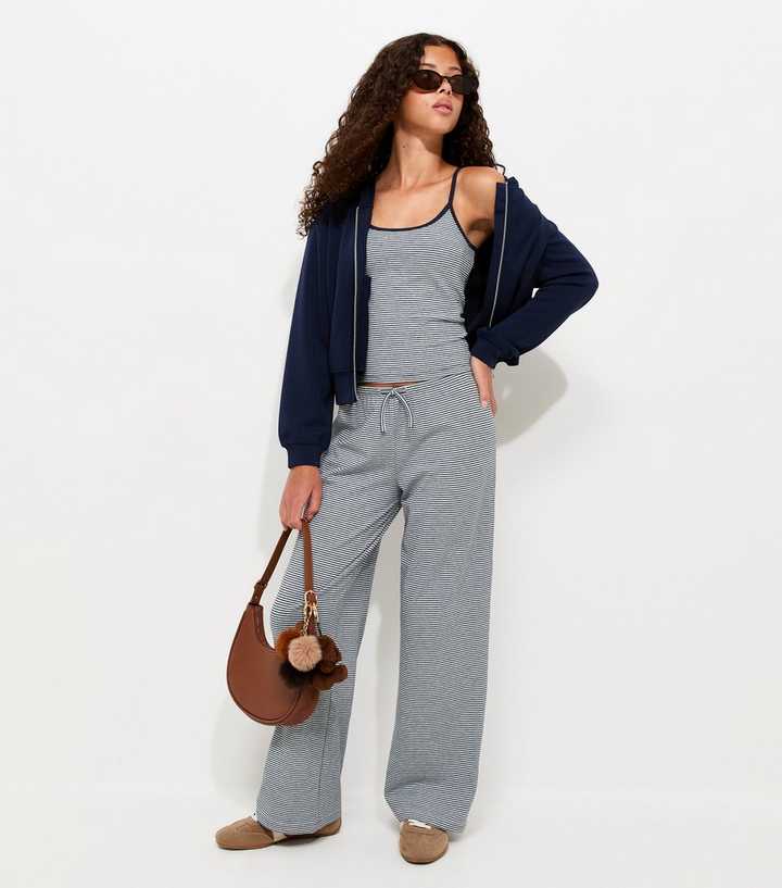 Girls Grey Cotton Rich Striped Jersey Wide Leg Trousers
