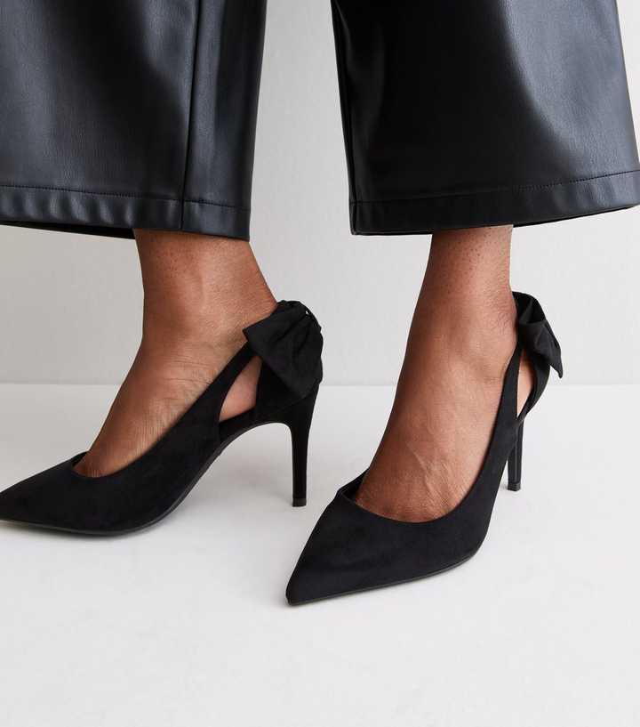 Wide Fit Black Faux Suede Bow Heel Pumps