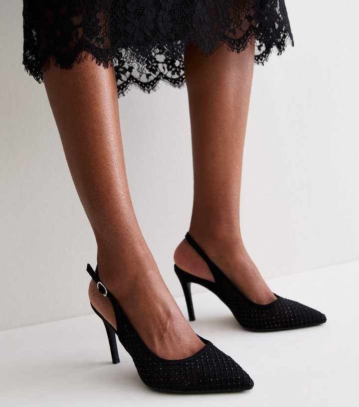 Wide Fit Black Mesh Embellished Slingback Pumps