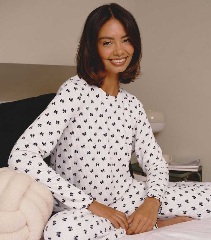 Loungeable Black Bow Marl Brushed Knit Ribbed Pyjama Set