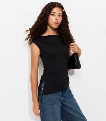 Girls Black Ruched Sides Asymmetric Hem Tank Top