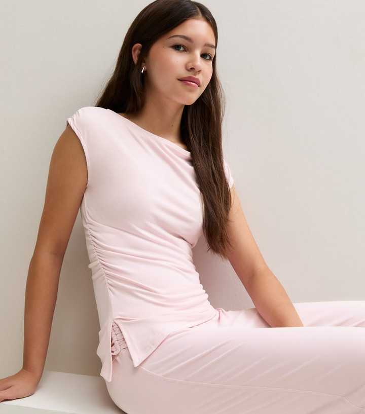 Girls Light Pink Ruched Sides Asymmetric Hem Tank Top