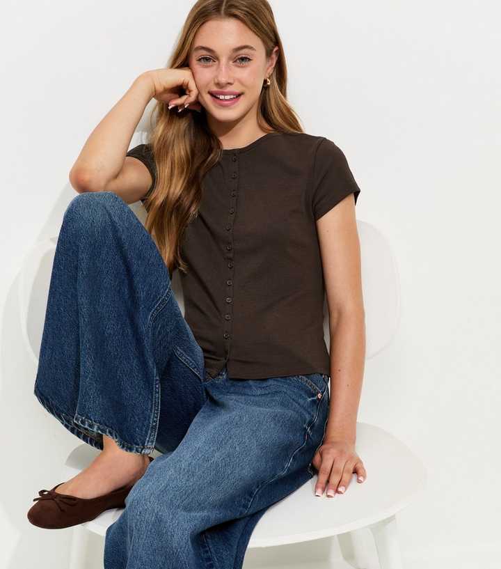 Girls Dark Brown Cotton Rich Mini Button Front Cap Sleeve T-Shirt
