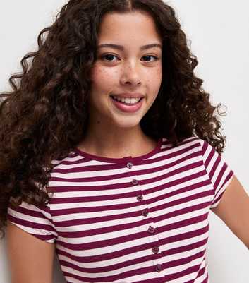 Girls Red Cotton Rich Mini Stripe Button Front Cap Sleeve T-Shirt