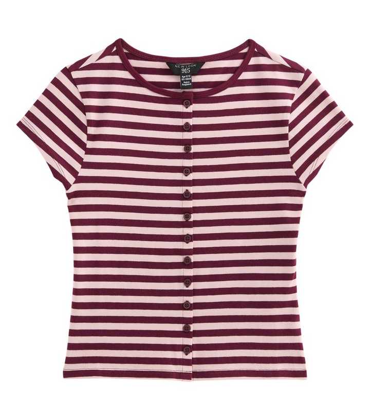 Girls Red Cotton Rich Mini Stripe Button Front Cap Sleeve T-Shirt