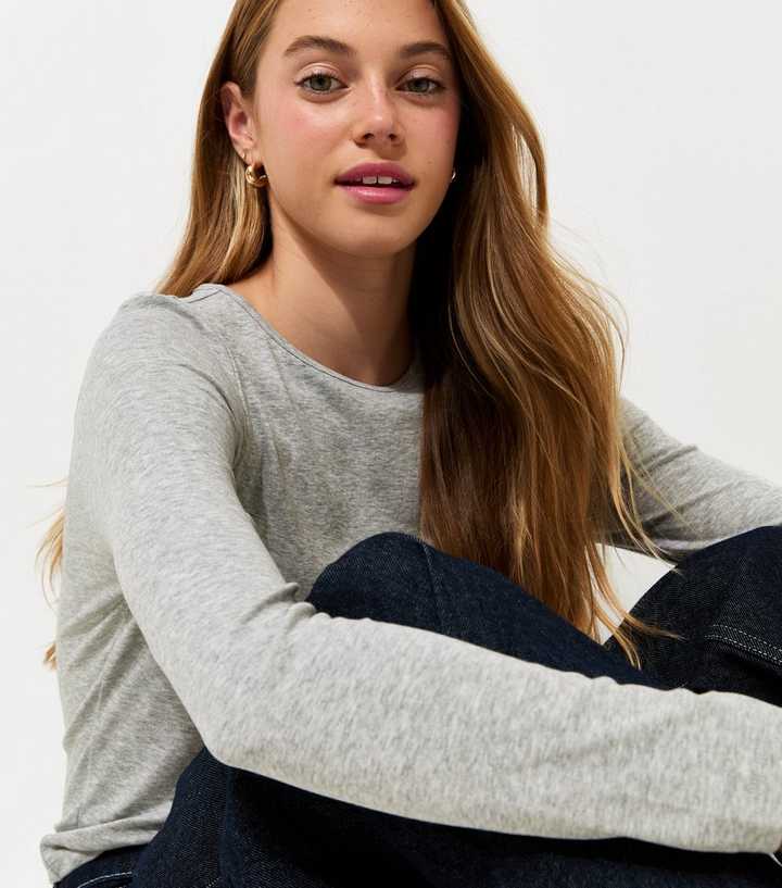 Girls Grey Cotton Rich Ribbed Long Sleeve Top