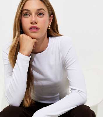 Girls Off White Cotton Rich Ribbed Long Sleeve Top