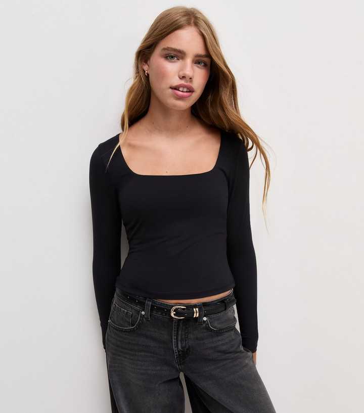 Girls Black Square Neck Long Sleeve Top