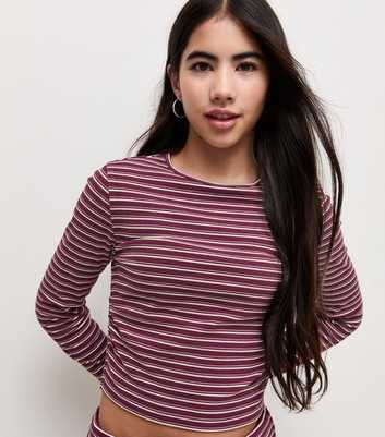 Girls Red Stripe Soft Touch Ruched Long Sleeve Top