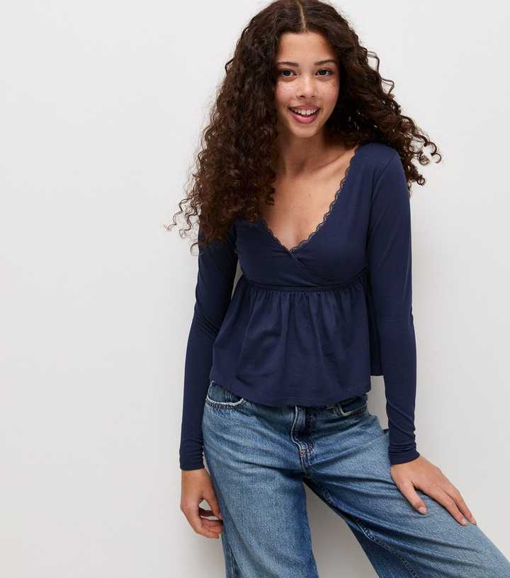 Girls Navy Cotton Rich Long Sleeve Wrap Top